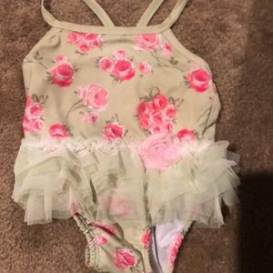Biscotti Ruffle flower pink green bathing suit
